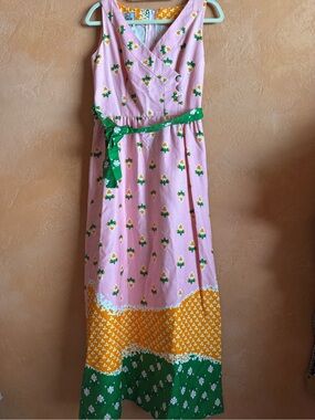 Vintage Malia Honolulu Pink Floral Hawaiian Sleeveless Dress Belted Small